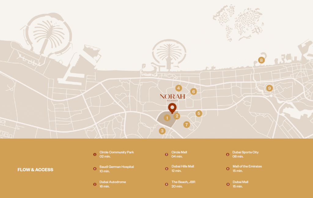 Norah Residence Location Map at Jumeirah Village Circle with Emiradia Real Estate
