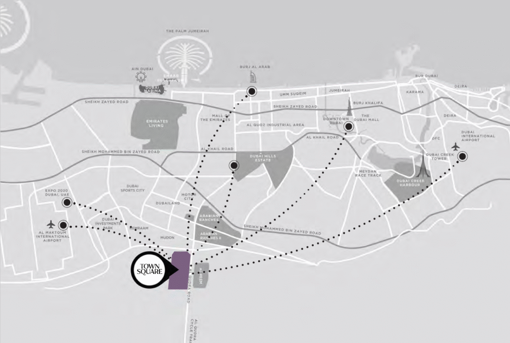 Rosewell at Town Square Dubai Location Map with Emiradia Real Estate